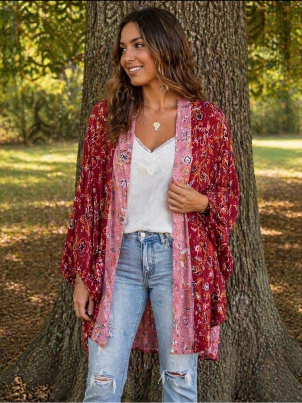 Very J open front long sleeve flower cardigan